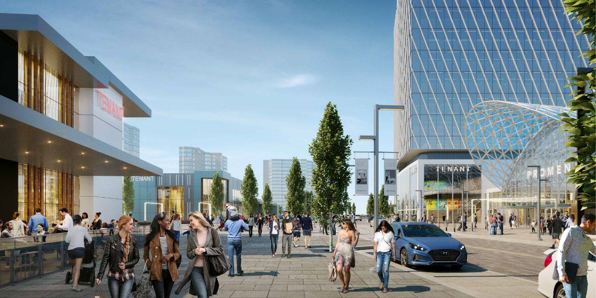 Exterior rendering of Promenade Park Towers shopping walk way outdoors.