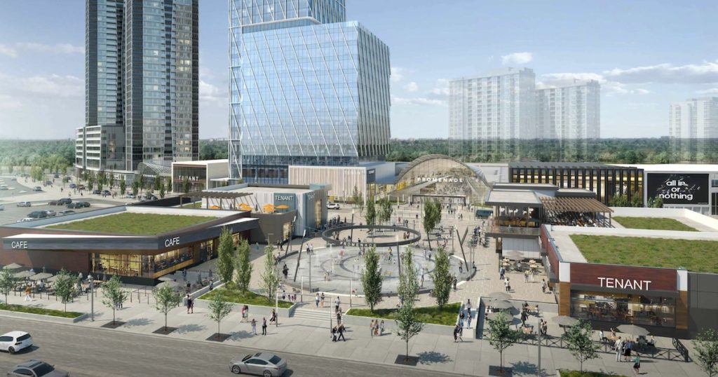 Exterior rendering of Promenade Park Towers revitalized Promenade Mall water fountain.
