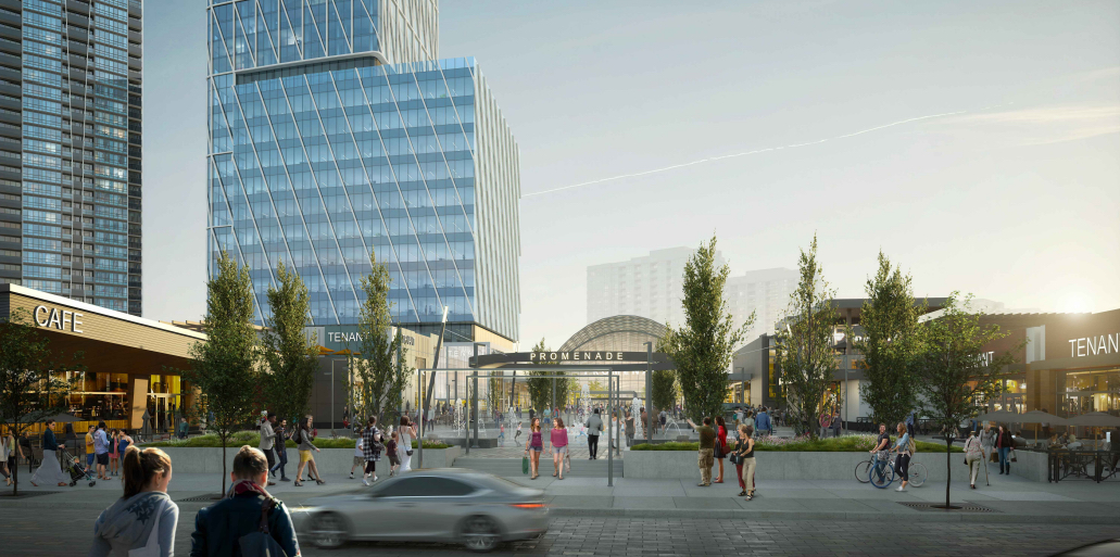 Exterior rendering of Promenade Park Towers revitalized Promenade Mall at dusk.