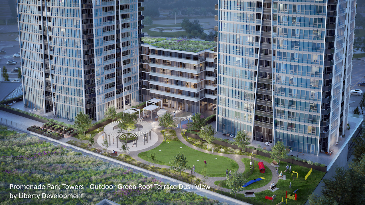 Rendering Promenade Park Towns Outdoor Green Roof Terrace at Dusk