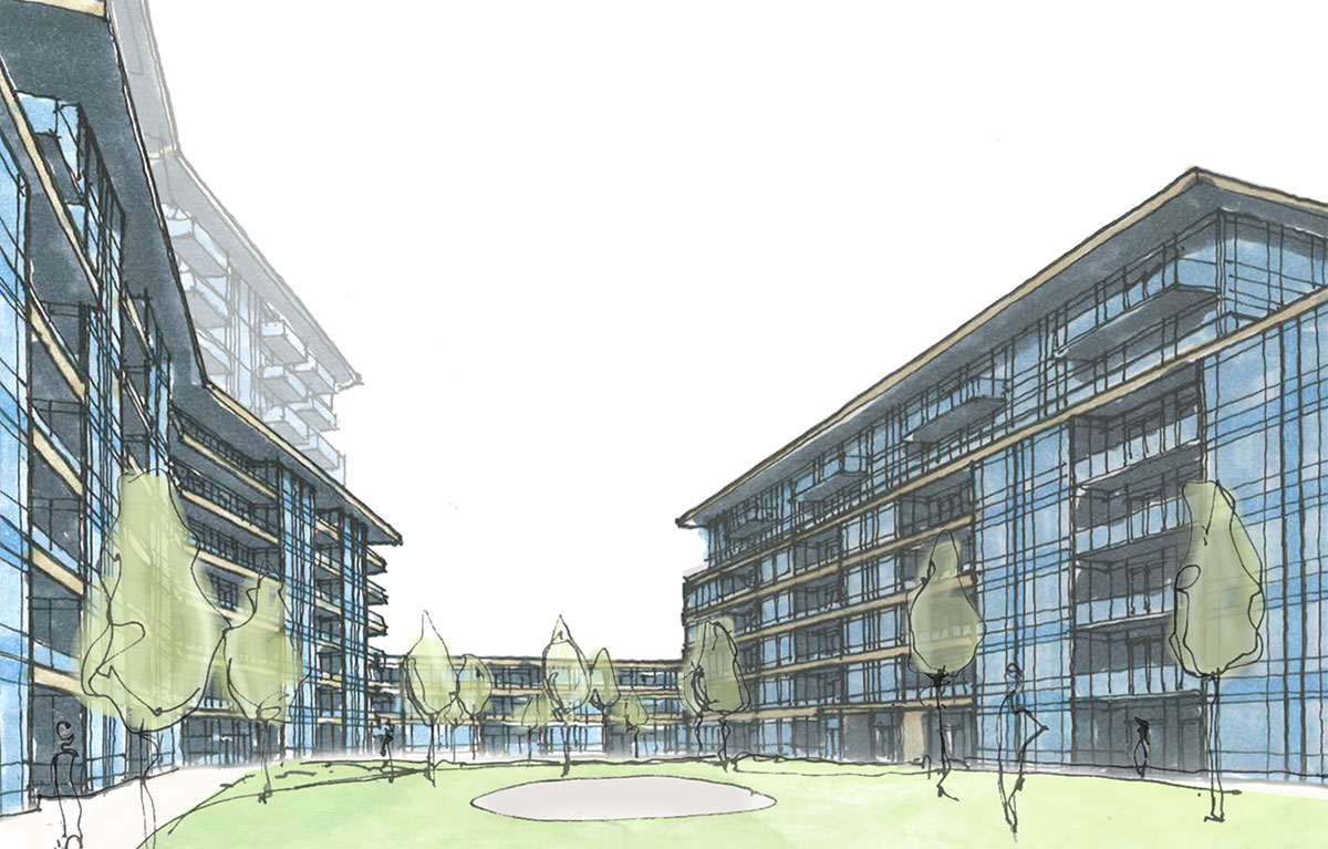 Sketch of 1345 Lakeshore Road Condos courtyard.