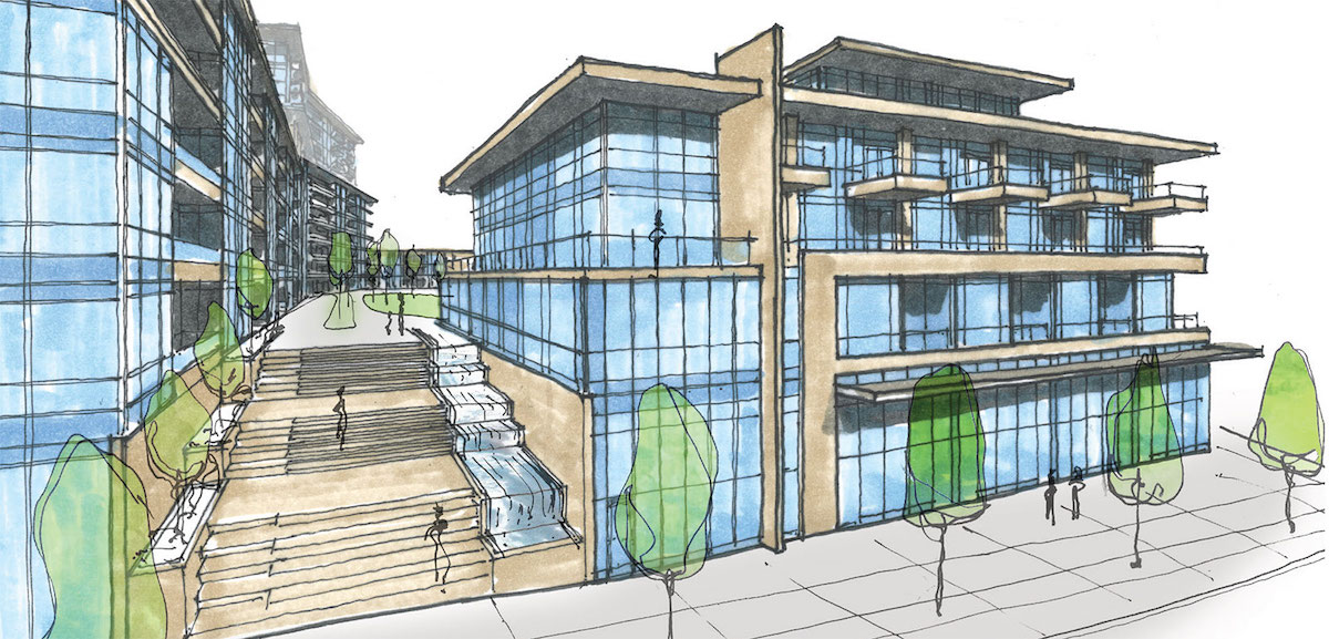 Sketch of 1345 Lakeshore Road Condos exterior at lakeshore frontage.