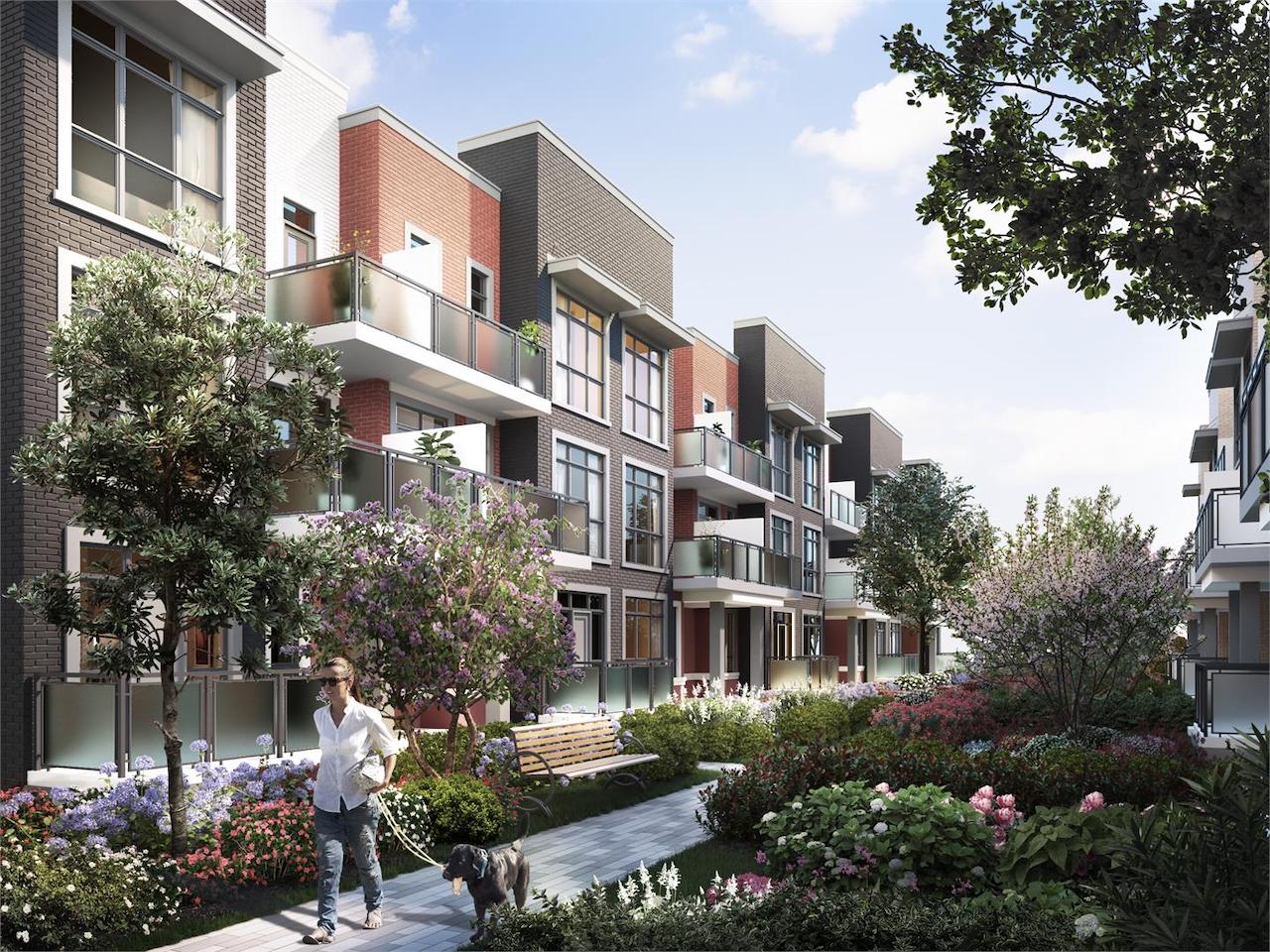 Exterior rendering of The Bond towns walkway with foliage.