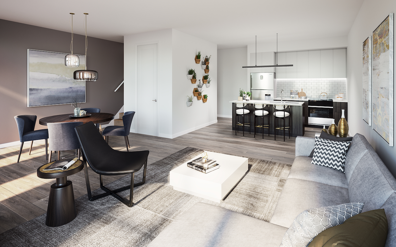 Interior rendering of The Bond towns standard suite.