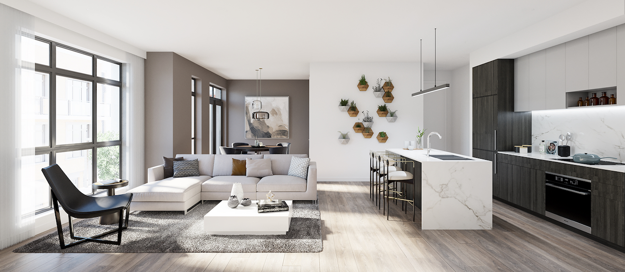 Interior rendering of The Bond towns open-concept suite.