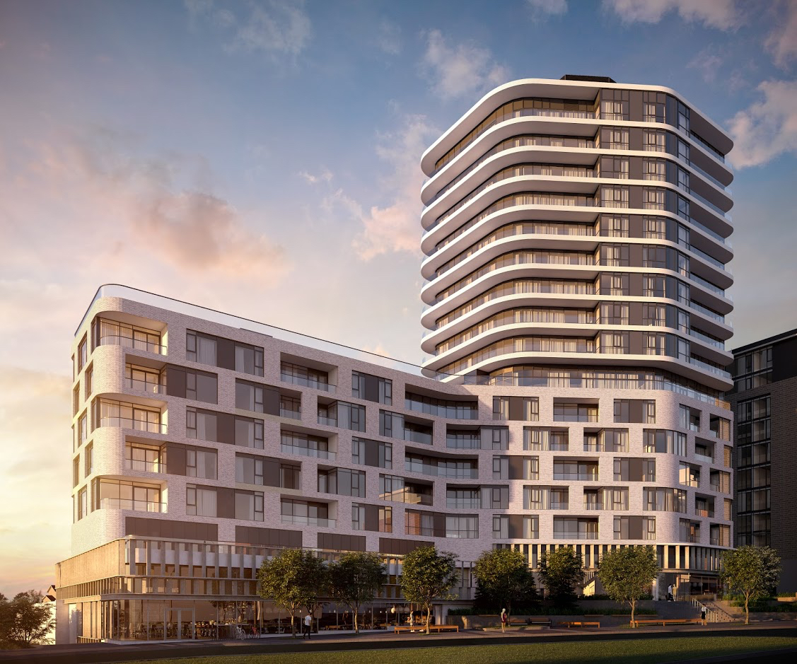 Exterior rendering of The Mackenzie Condos at dusk.