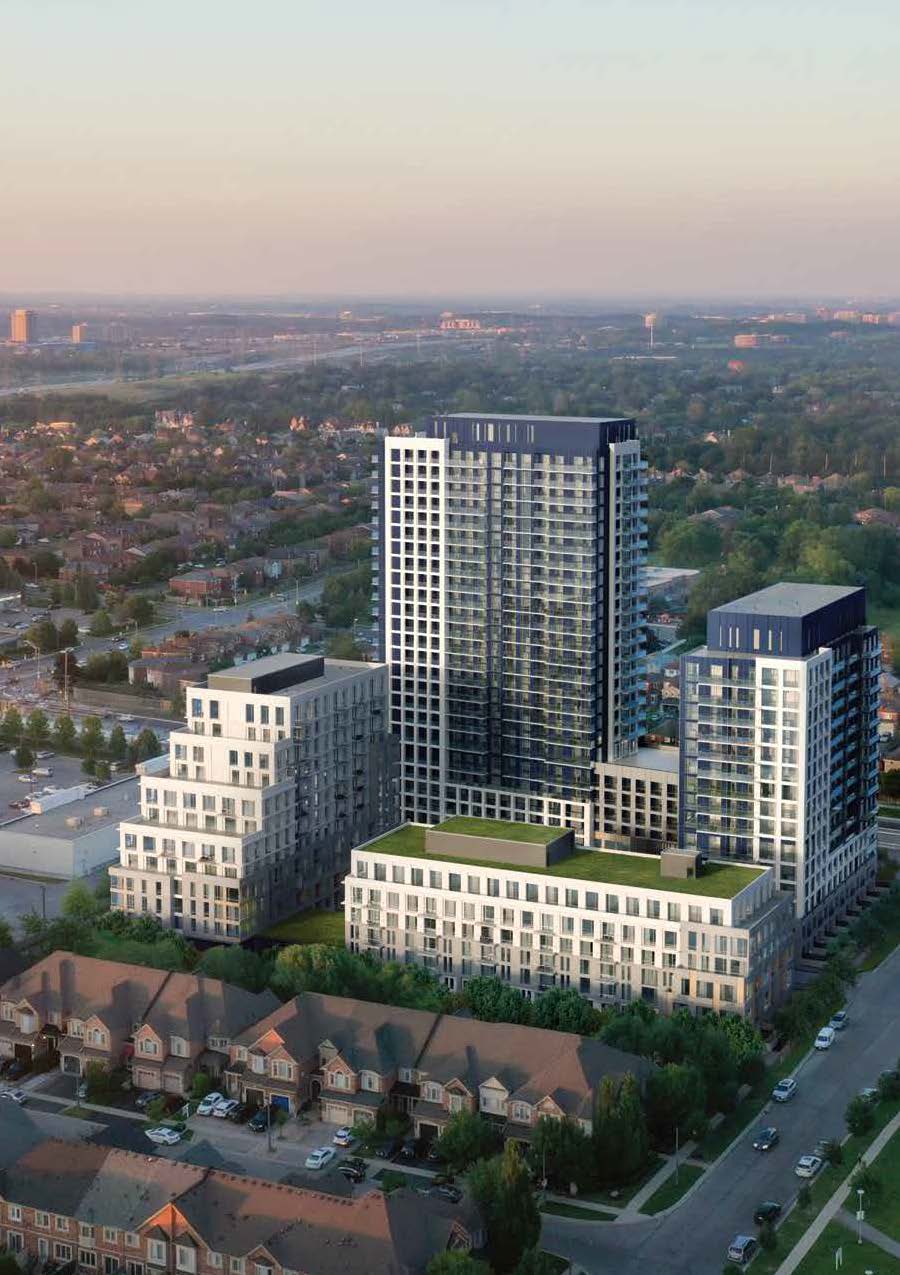 Exterior aerial rendering of The Thornhill Condos and surrounding buildings.