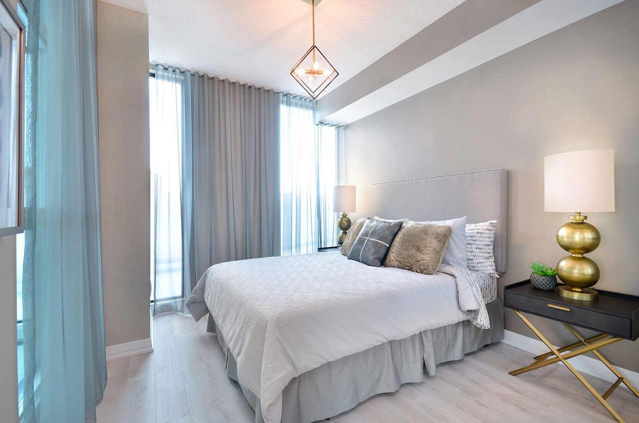 Interior rendering of Perla Towers condo suite bedroom.