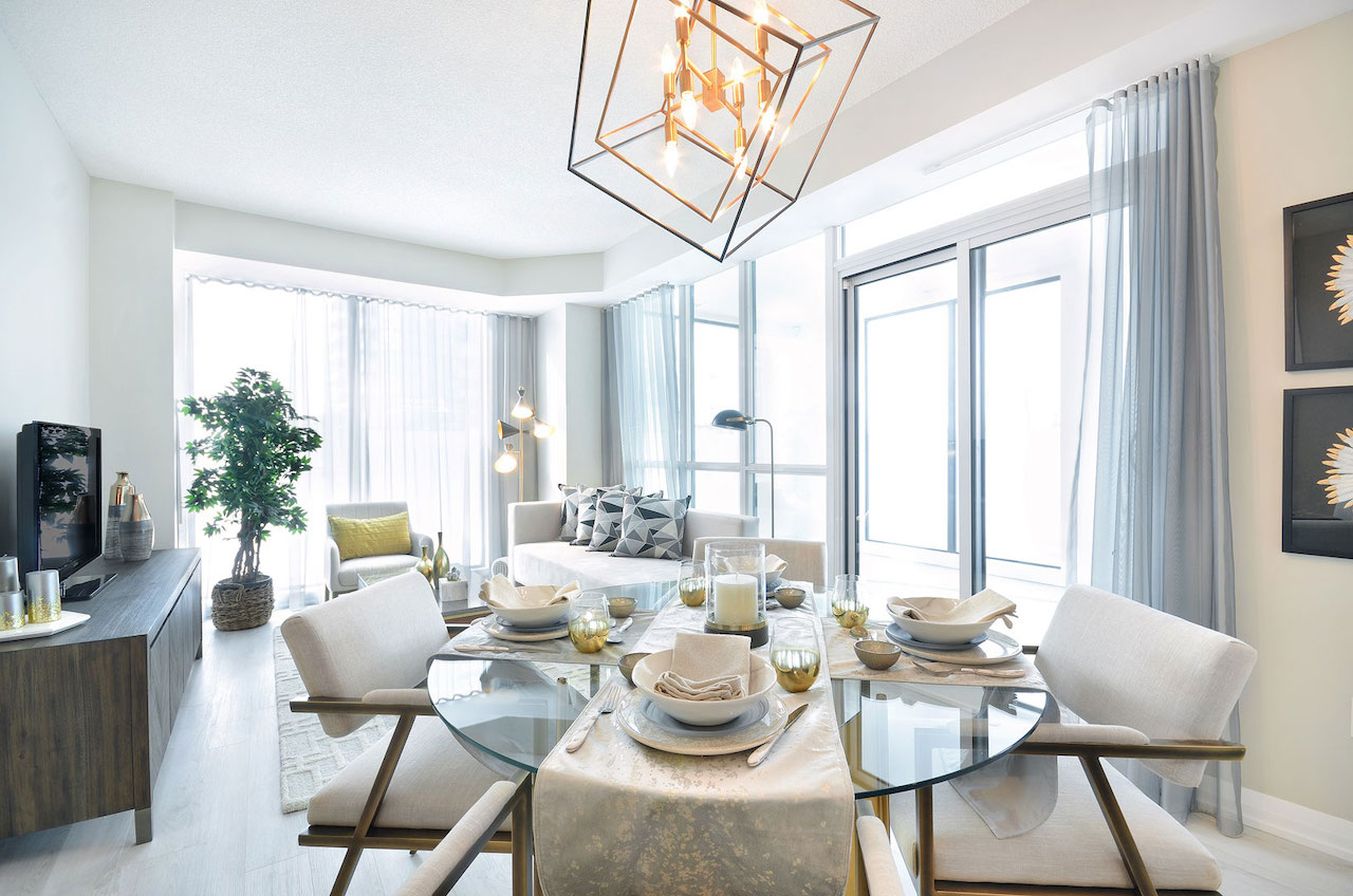 Interior rendering of Perla Towers condo suite dining area.