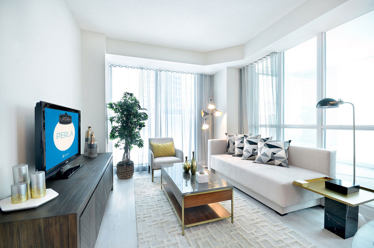 Interior rendering of Perla Towers condo suite living room.