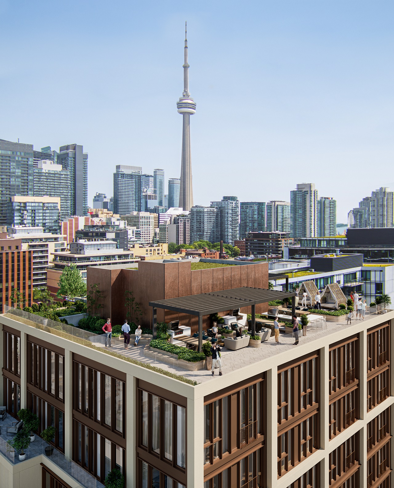 Rendering of 123 Portland Condos rooftop terrace with views of Toronto's CN tower.