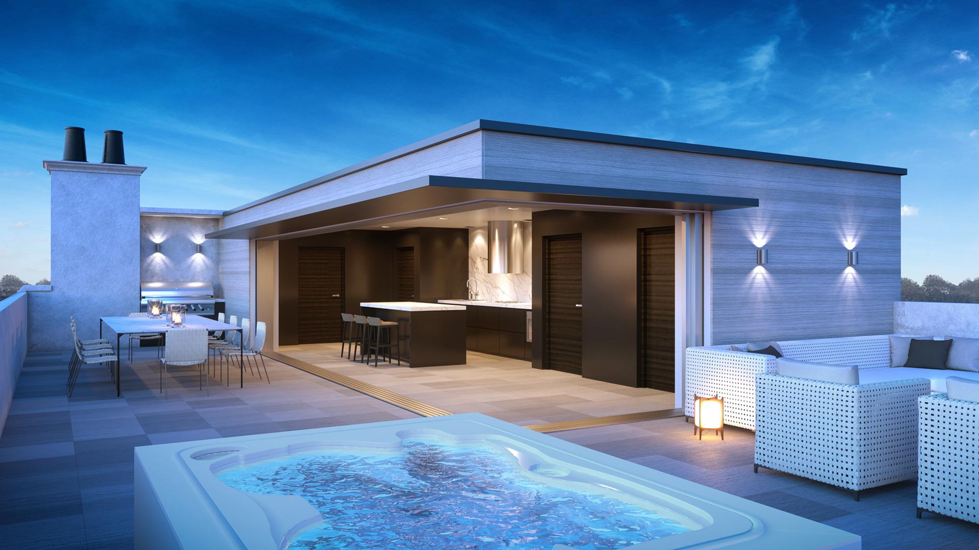 Exterior rendering of 469 Spadina Homes rooftop with hot tub.