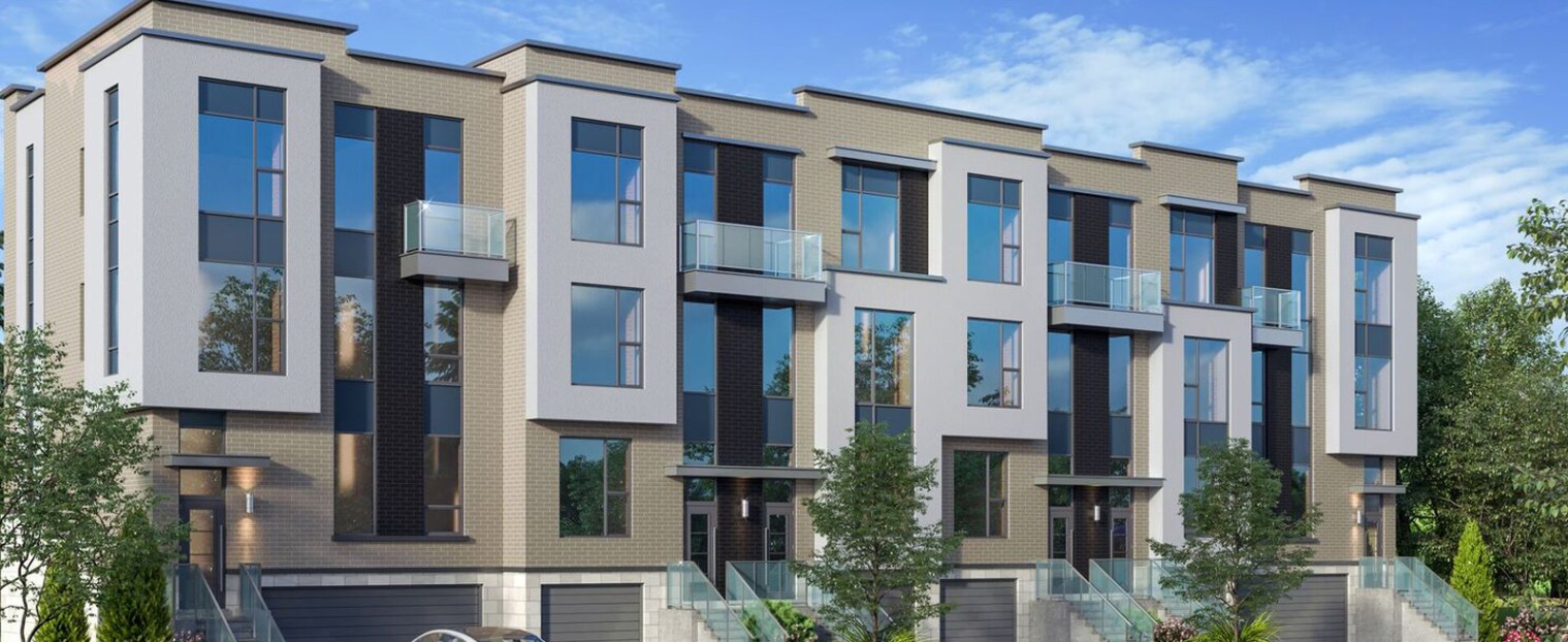 Exterior rendering of the Wycliffe Promenade Towns with blue sky.