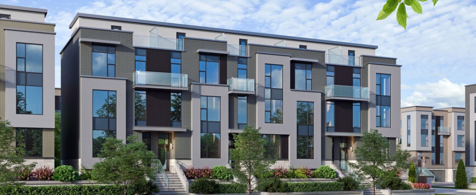 Exterior rendering of the Wycliffe Promenade Towns with foliage and greenery.