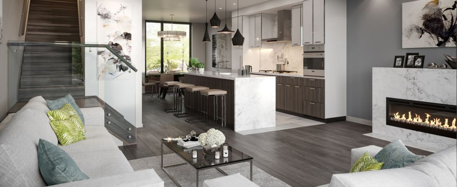 Interior rendering of the Wycliffe Promenade Towns living room and kitchen area.