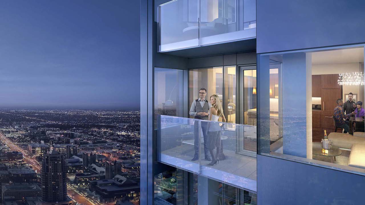 Rendering of SKY Residences at ICE District unit balcony at night.