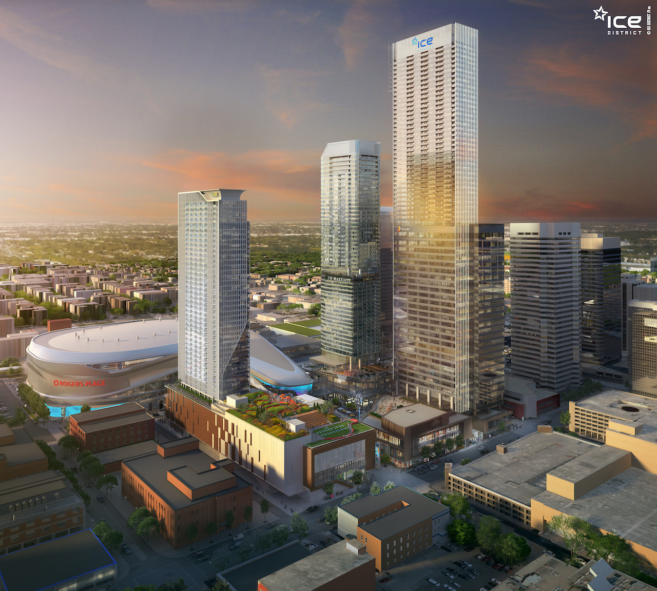 Rendering of SKY Residences at ICE District aerial view in the evening.