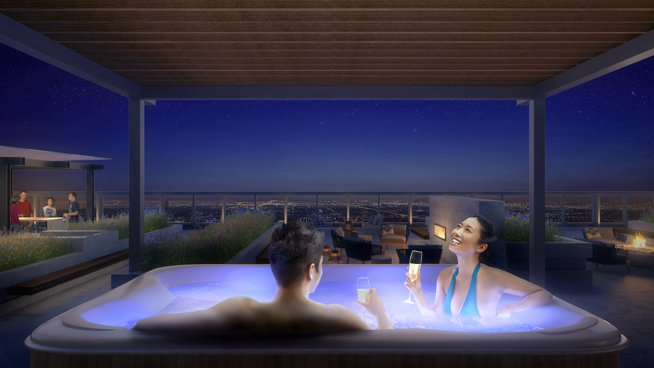 Rendering of SKY Residences at ICE District Hot Tub at night.