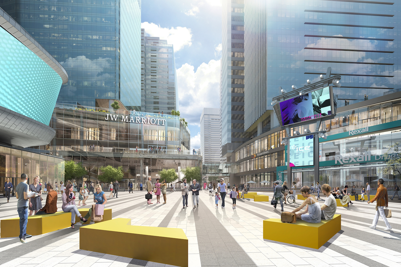 Rendering of SKY Residence ICE District plaza during the day.