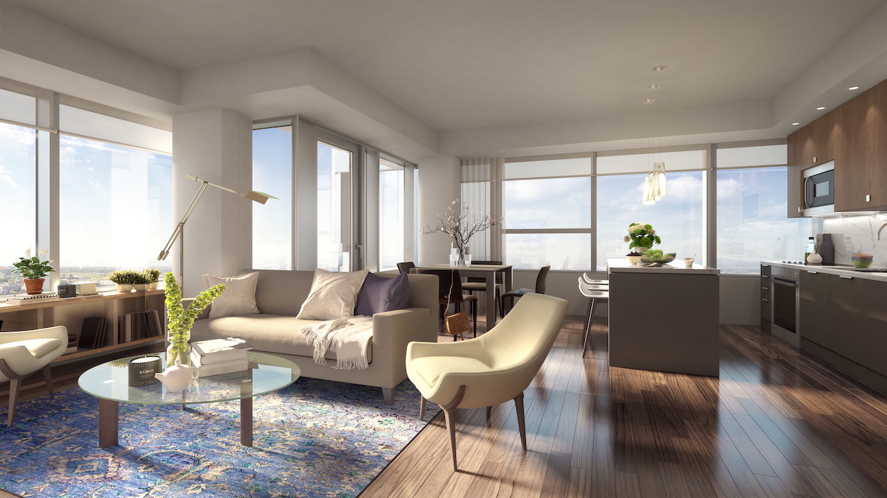 Rendering of SKY Residences unit interior living and dining room.