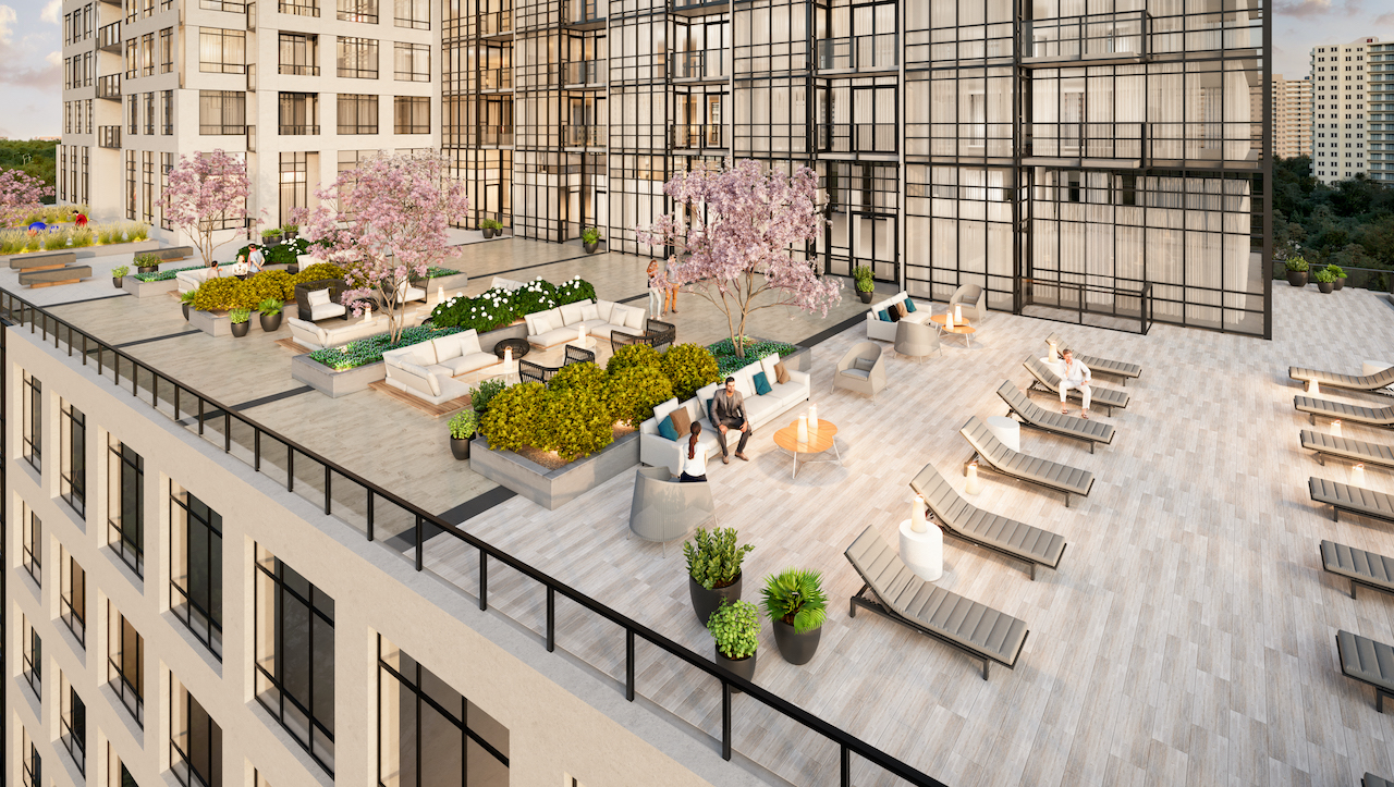 Exterior rendering of ORO at Edge Towers Mississauga with 6th floor terrace.