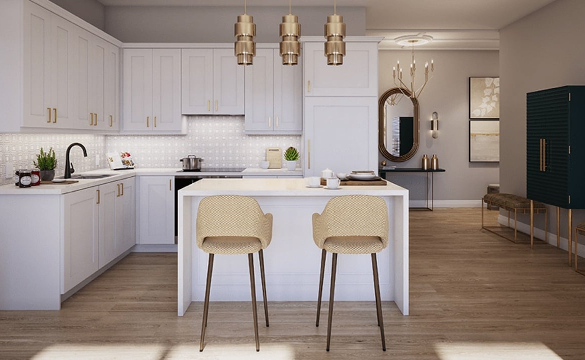 Rendering of ORO Condos penthouse tiffany stone kitchen