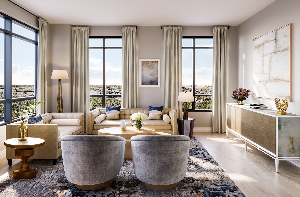 Rendering of ORO Condos penthouse moonstone living room