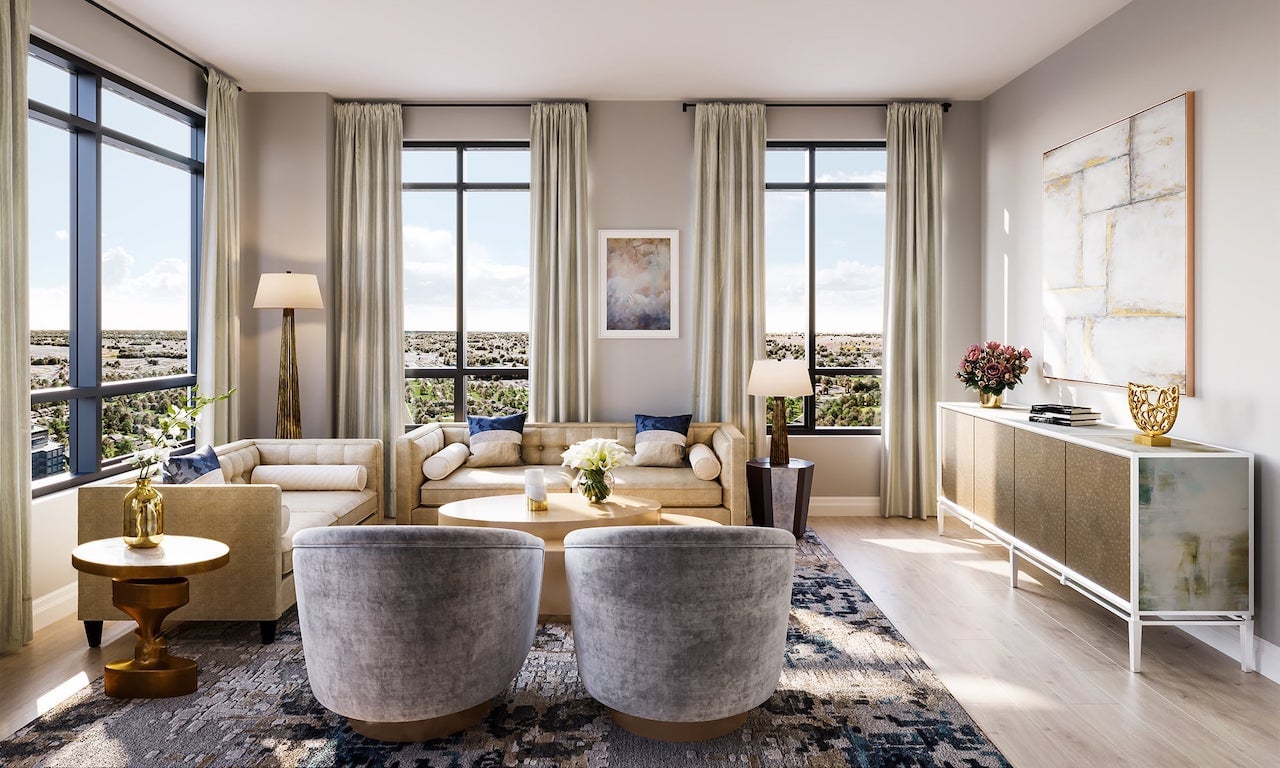 Rendering of ORO Condos penthouse moonstone living room