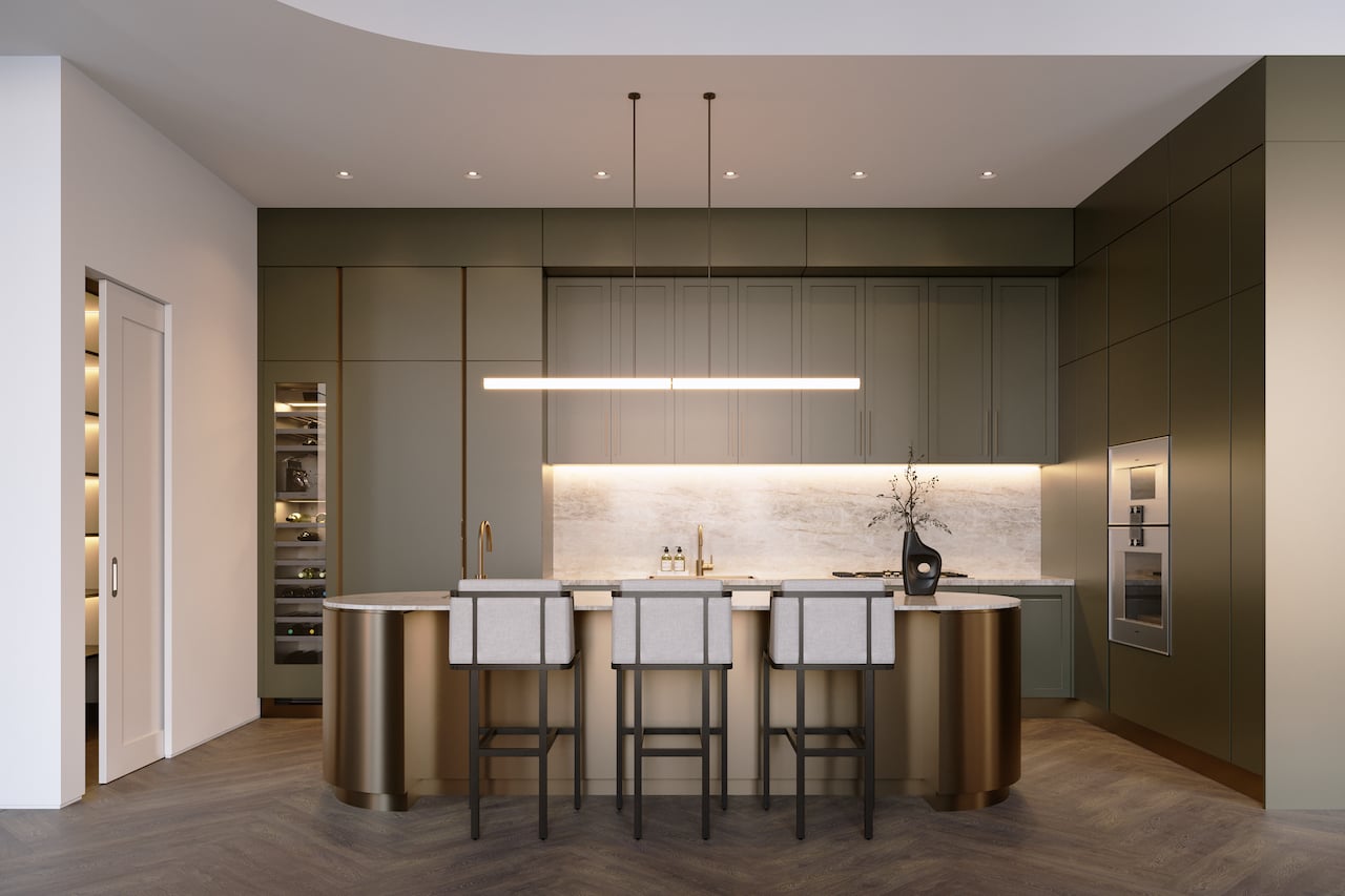 Rendering of One Delisle Penthouse interior kitchen in green