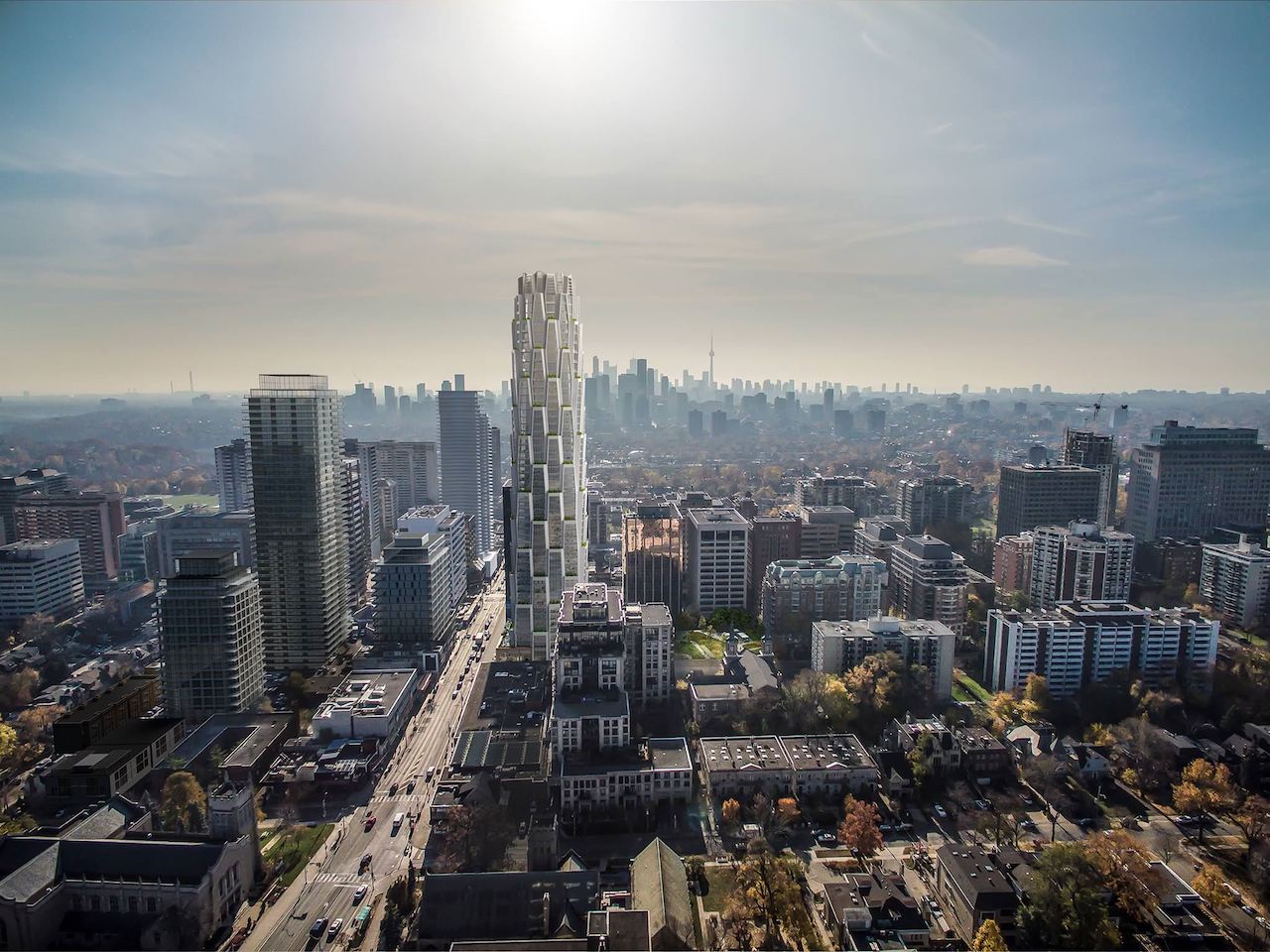 Aerial rendering of One Delisle Condos Toronto.