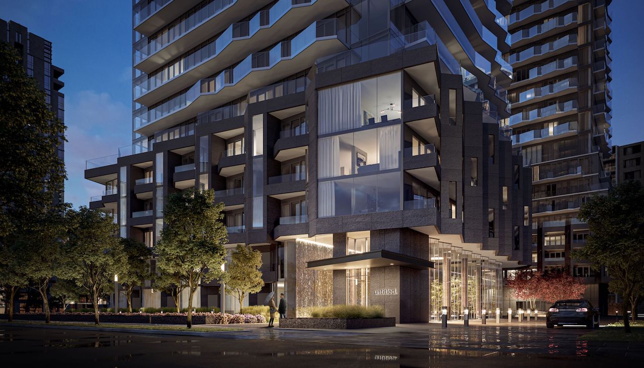 Rendering of Untitled Condos exterior podium at night.