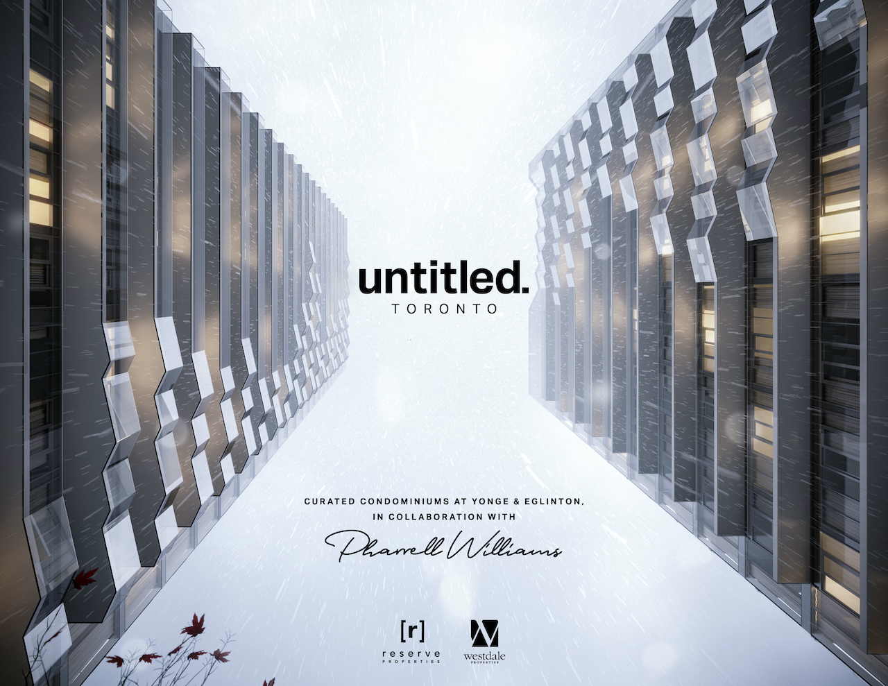 Exterior rendering of Untitled Toronto Condos with logo and Pharrell Williams signature.