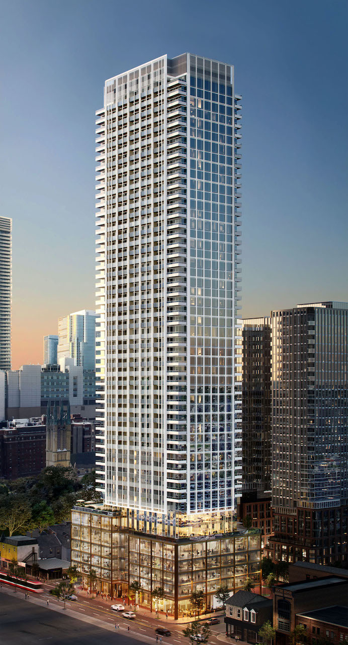 Rendering of 88 Queen Condos building exterior in the evening.