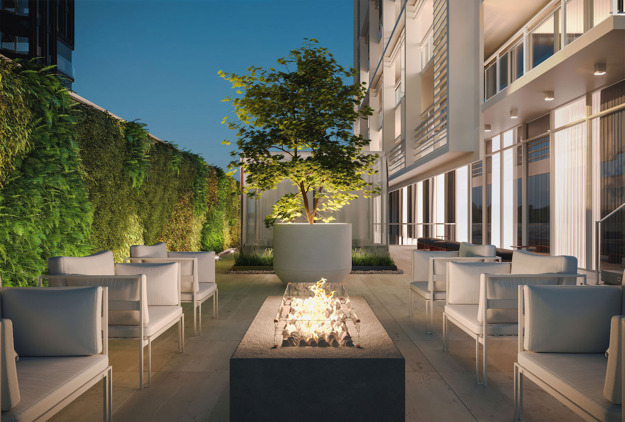 Rendering of 88 Queen Condos fireplace seating area.