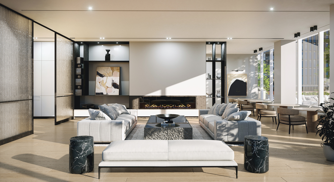 Rendering of 88 Queen Condos party room lounge.