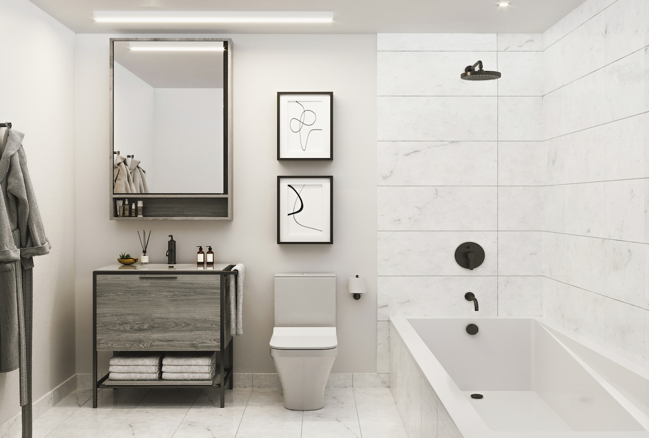 Rendering of 88 Queen Condos suite bathroom.