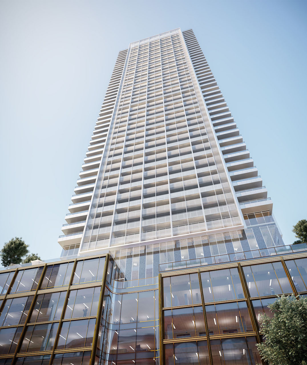 Rendering of 88 Queen Condos building worms eye shot.