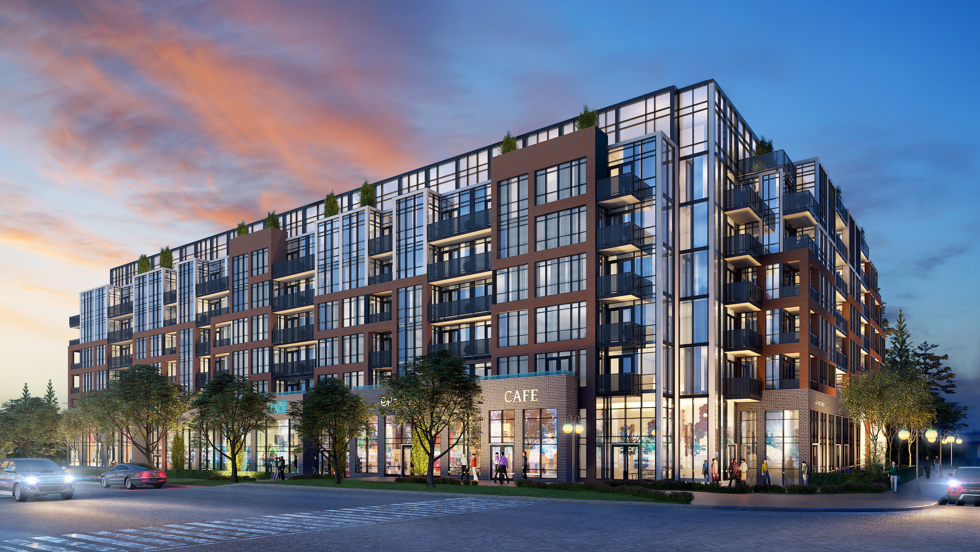 Rendering of South District Condo exterior at night