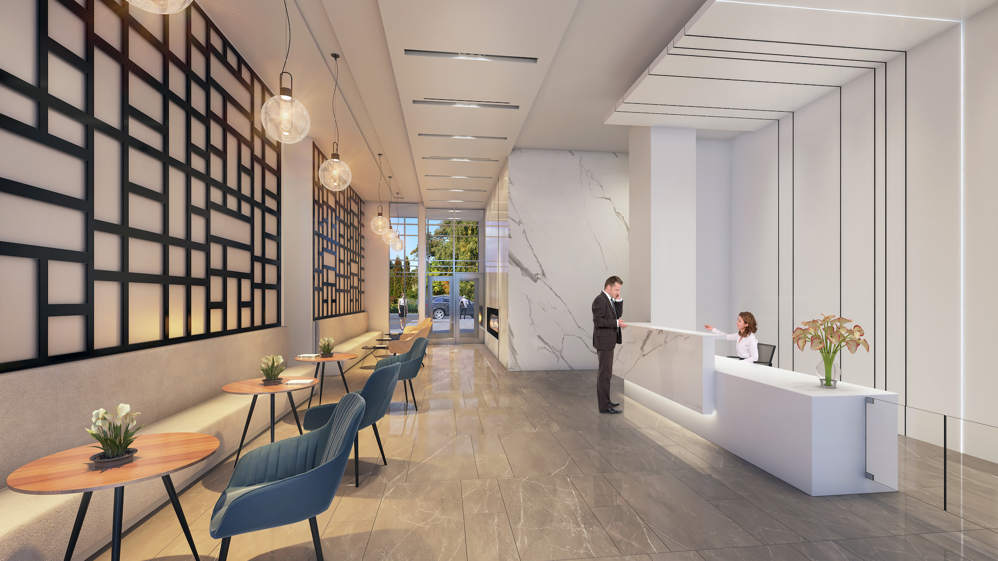 Rendering of South District Condo lobby with concierge.