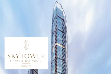 Rendering of SkyTower at Pinnacle One Yonge with logo overlay.