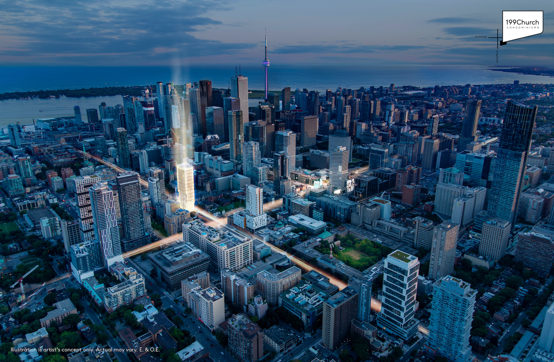 Rendering of 199 Church Condos aerial lightbeam.