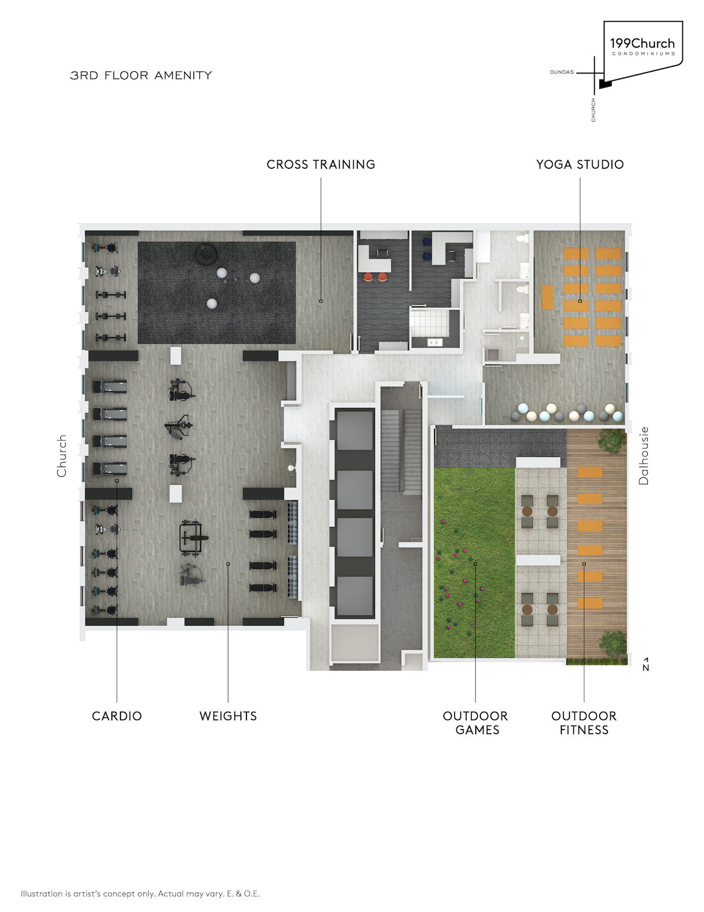 Rendering of 199 Church Condos amenity flat plan level 3.