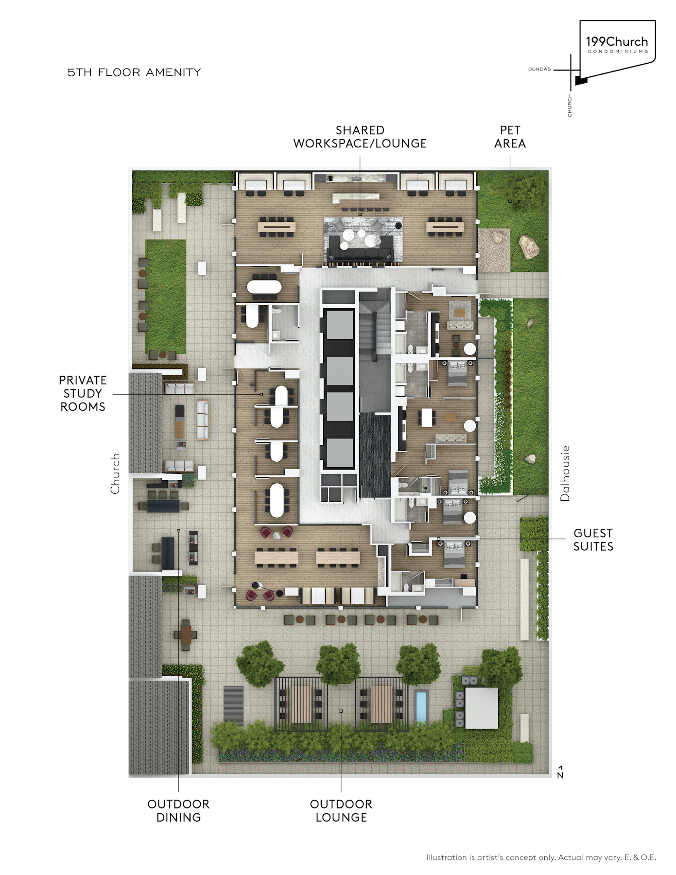 Rendering of 199 Church Condos amenity flat plan level 5.