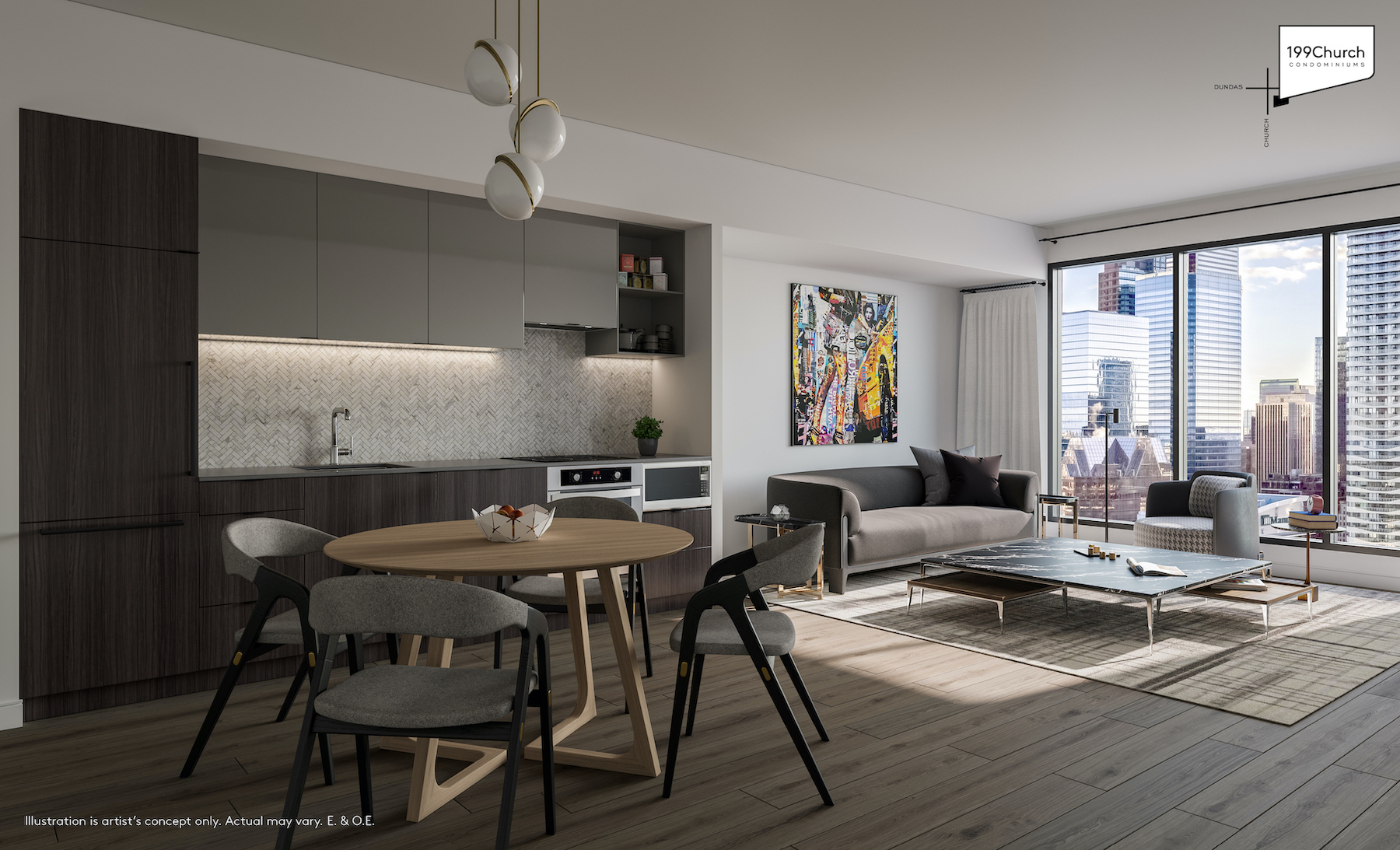 Rendering of 199 Church Condos suite interior dark.