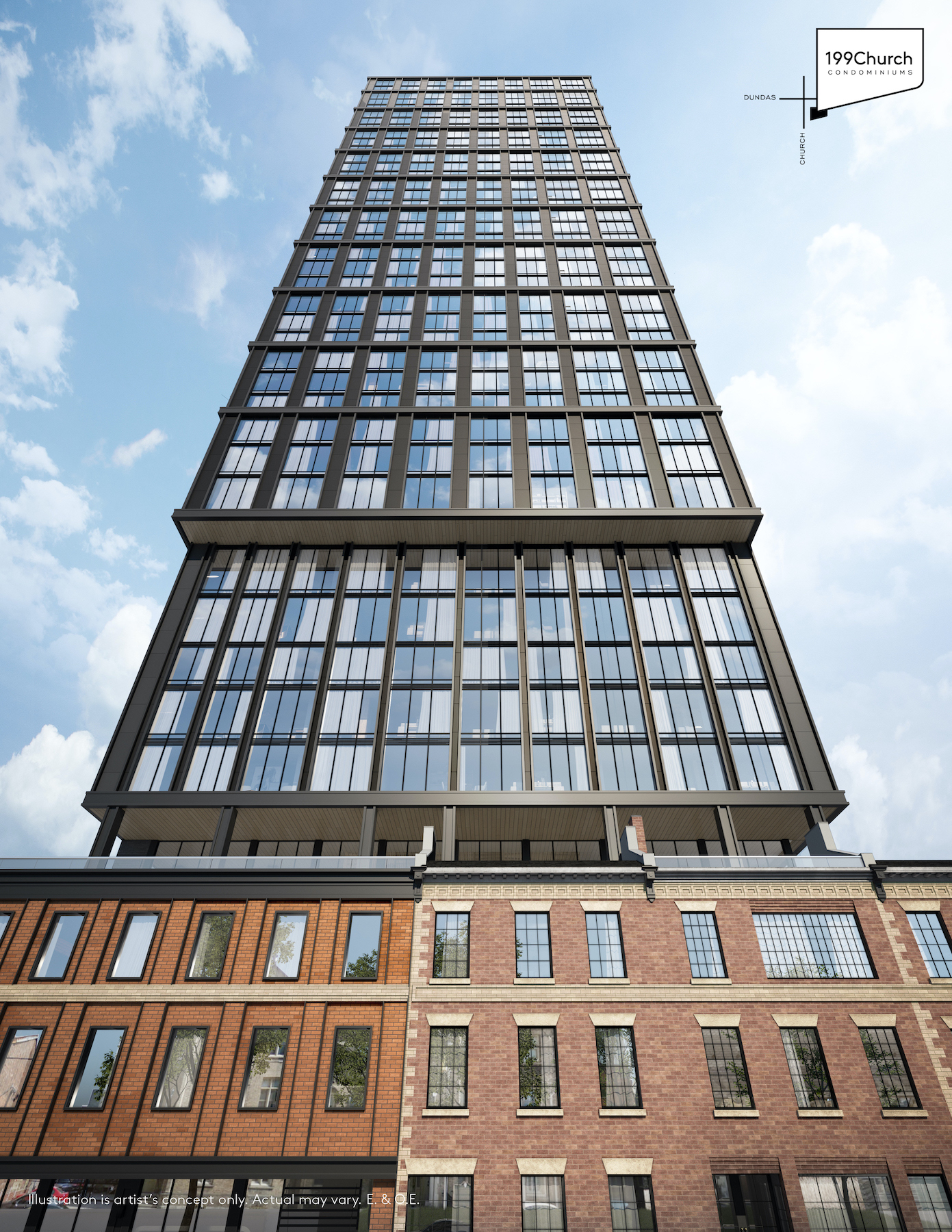 Rendering of 199 Church Condos worms eye view ground up exterior.