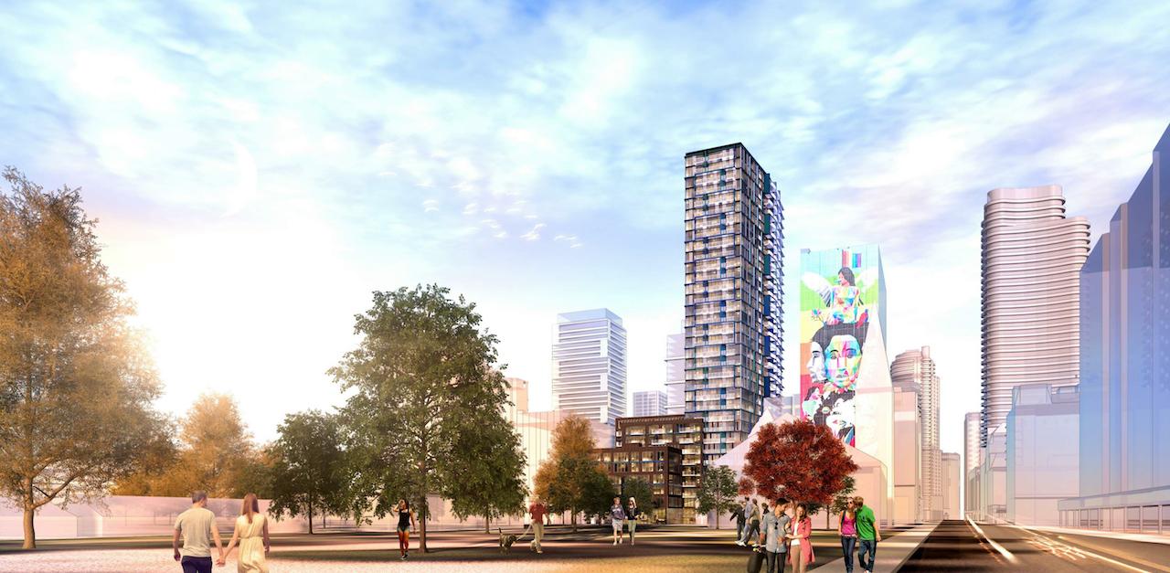 Exterior rendering of 308 Jarvis Condos and surrounding cityscape.