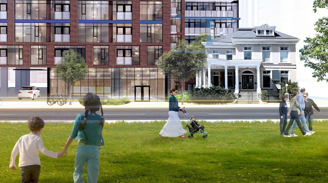 Exterior rendering of 308 Jarvis Condos surrounding greenery.