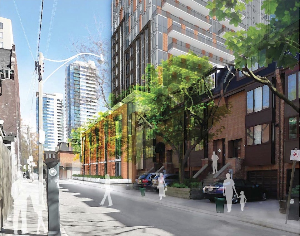 Exterior rendering of 308 Jarvis Condos street area with people on sidewalks.
