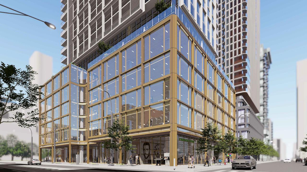 Exterior rendering of 88 Queen Condos building corner at street-level.