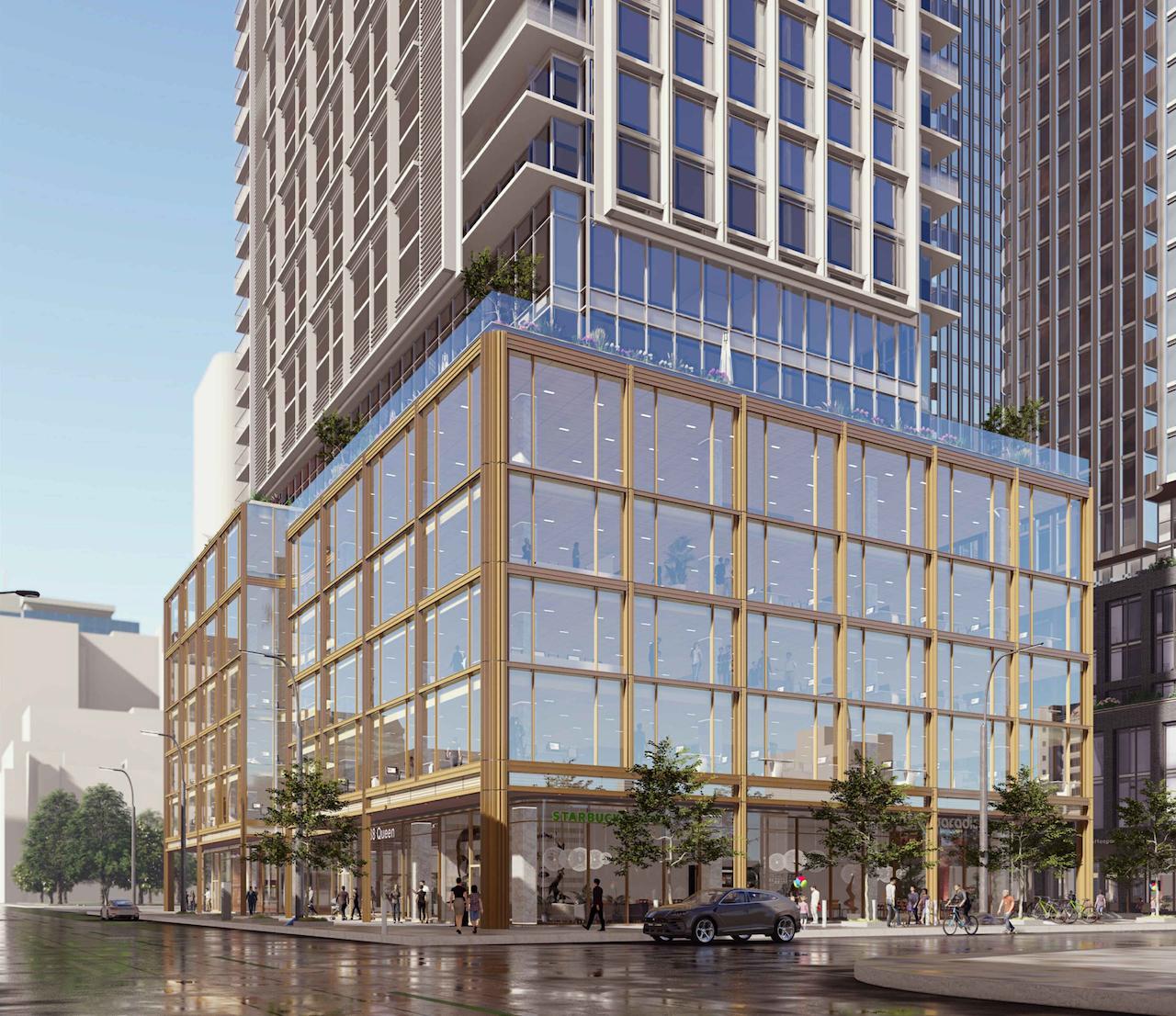 Exterior rendering of 88 Queen Condos podium and street level with retail and restaurants.